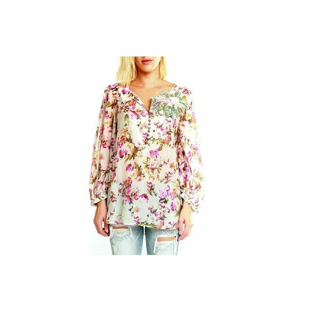 Aratta Top Ivory Floral Embroidered Love She Gave Blouse Women's Size Small
